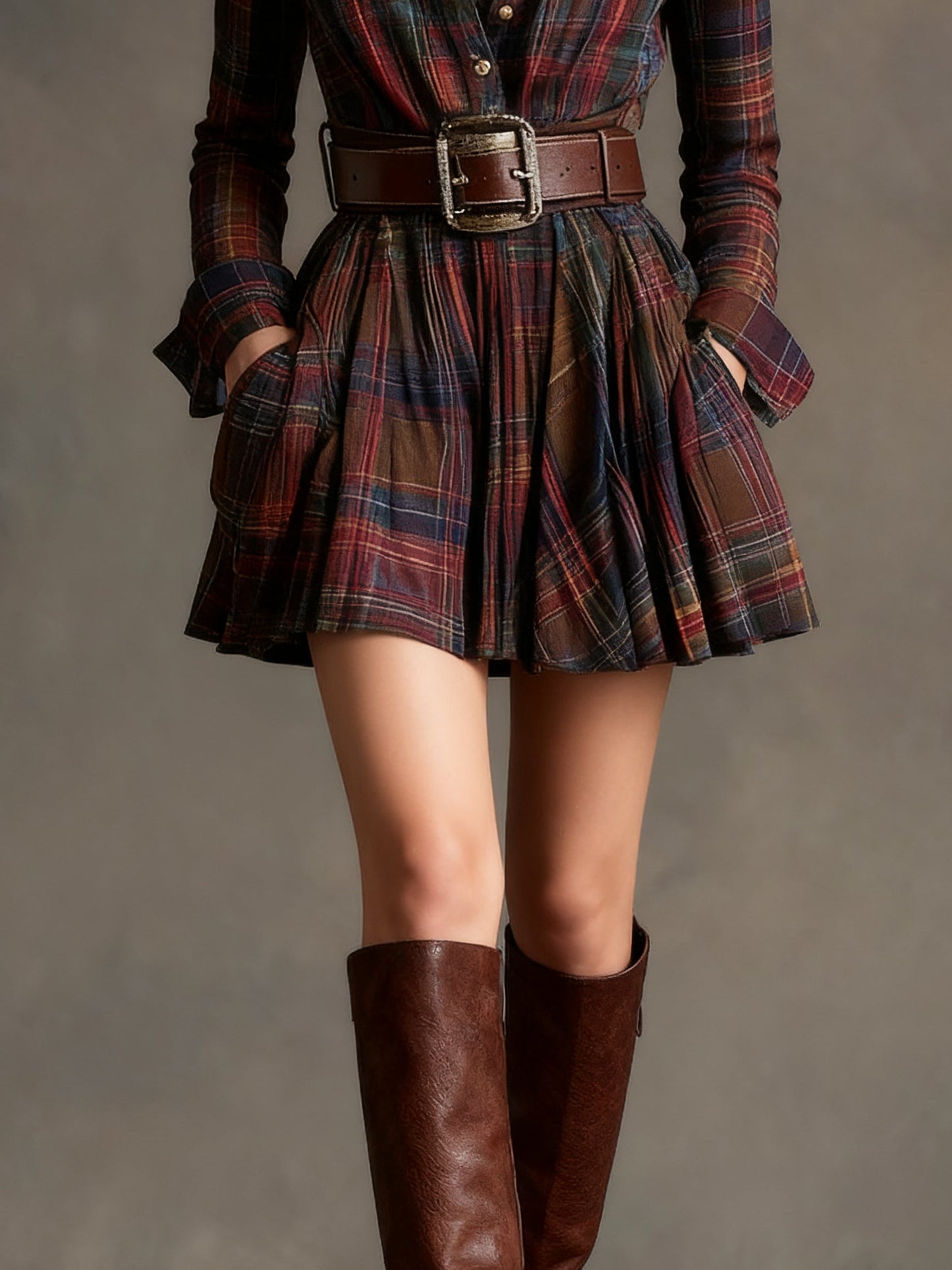 VESTIDO CORTO DE CUADROS CON CINTURÓN Y MANGA LARGA