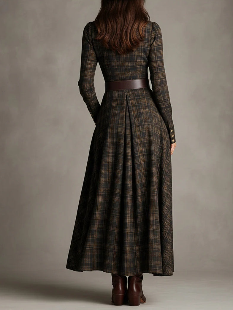 VESTIDO MIDI CUADROS VINTAGE CON CINTURÓN Y FALDA DE VUELO