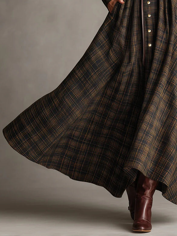 VESTIDO MIDI CUADROS VINTAGE CON CINTURÓN Y FALDA DE VUELO