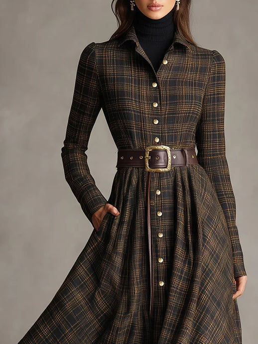 VESTIDO MIDI CUADROS VINTAGE CON CINTURÓN Y FALDA DE VUELO