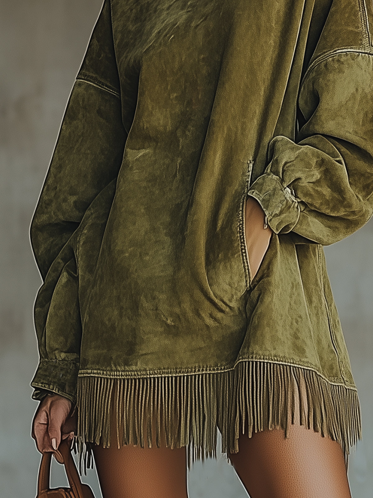 VESTIDO OVERSIZE DE ANTE CON FLECOS